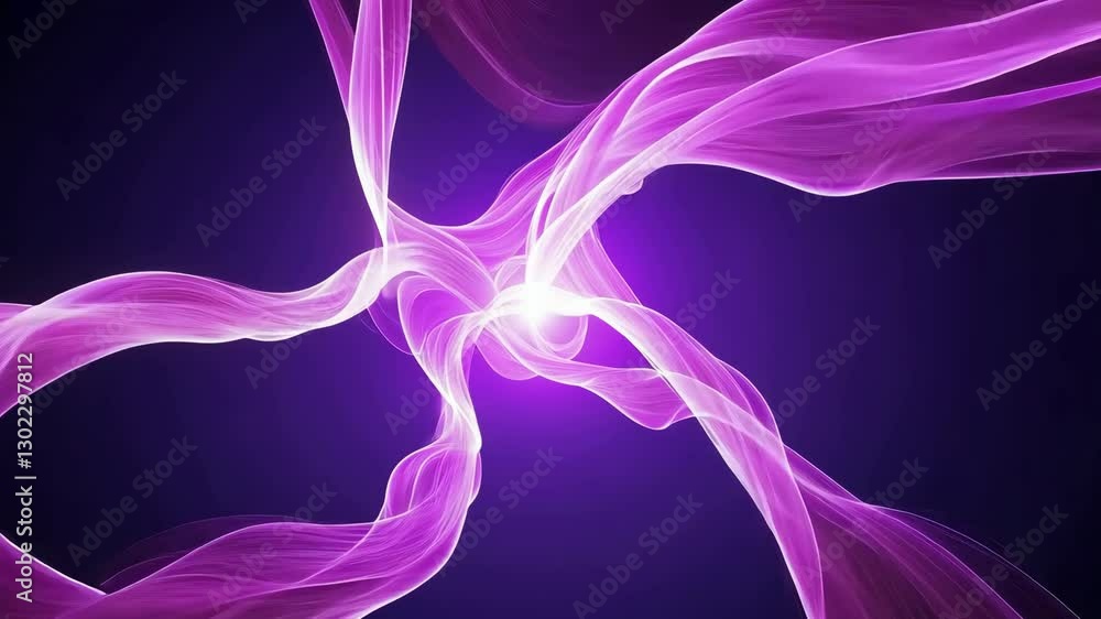 Poster dynamic and energetic abstract swirling purple and pink light trails against dark background creatin