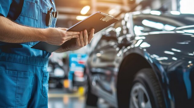 A professional technician reviewing a car maintenance checklist, clipboard in hand, clean and organized workspace