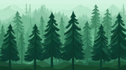 Fototapeta premium Illustration of a green forest with pine trees and mountains in the background.