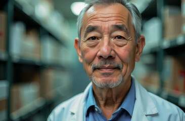 Fototapeta premium portrait of an elderly male doctor of Asian appearance, confident pose expressing experience and trust