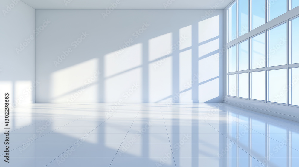 Poster bright, empty room with large windows casting shadows on polished floor, creating serene atmosphere