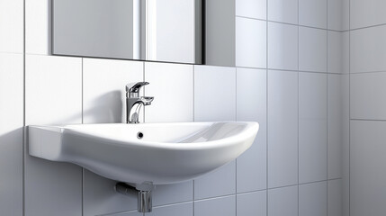 Fototapeta premium modern white bathroom sink with sleek faucet and mirror, showcasing clean and minimalist design