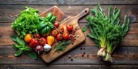 Fresh produce arranged artfully on a wooden cutting board, with a few sprigs of fresh herbs nearby , food, fruits