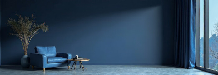 Obraz premium The banner is a moody blue color in a minimalist living room interior. the beneficial effect of color on sleep quality. insomnia treatment