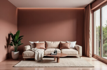 Fototapeta premium The trending color of 2025 is mocha mousse in a minimalist room interior. color trends in interior design