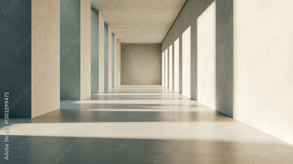 Poster minimalist corridor with geometric shadows and sunlight streaming through large windows