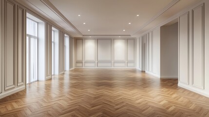 Obraz premium Empty room with herringbone wood floor and white walls. Interior design concept.