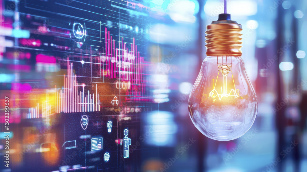 Poster illuminating light bulb against digital background with graphs and data, symbolizing innovation and 