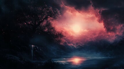 Obraz premium Enchanted Sunset: A Serene Fantasy Landscape