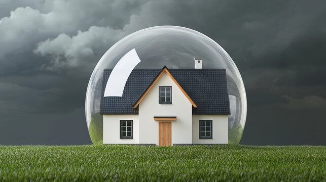 House under a protective bubble against a stormy sky. Concept for home protection, insurance, security, and safety.