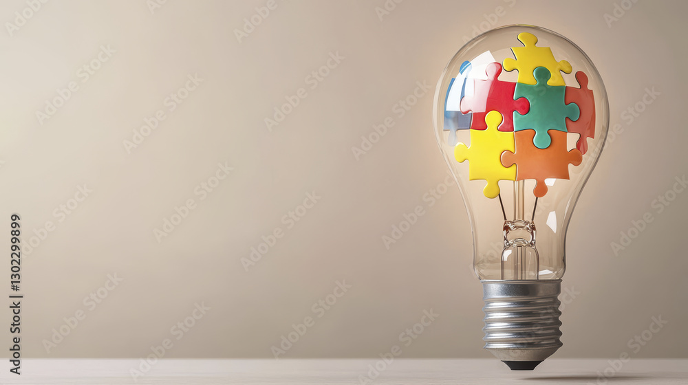 Poster creative lightbulb filled with colorful puzzle pieces symbolizes innovation and problem solving