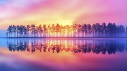 Obraz premium serene landscape featuring vibrant sunset over calm lake, with silhouetted trees reflecting in water