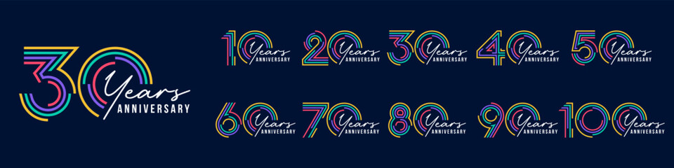 collection anniversary 10 to 100 year logo designs. abstract number for celebration event, wedding, greeting card, and invitation, vector illustration