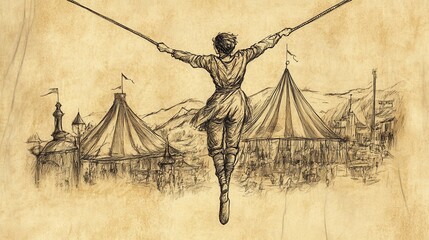 Obraz premium Tightrope Walker Performing Over a Vintage Circus Landscape