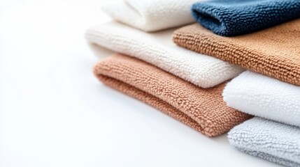 Stacked colorful microfiber cloths on white surface