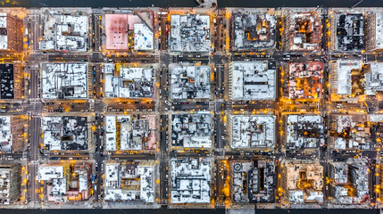 Fototapeta premium Aerial View Night Cityscape Urban Grid Illuminated Buildings Harbor Background Real Estate