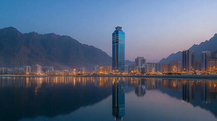 Naklejka premium Dhaymar Tower in Fujairah at sunset with reflection on the water