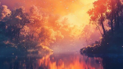 Enchanted River at Sunset: A Dreamlike Forest Scene