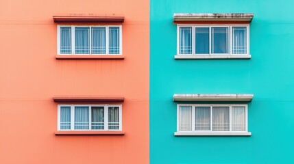 Fototapeta premium Colorful building with windows. Two tone building with orange and turquoise walls. Architecture and design concept.