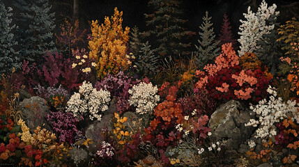 Autumnal forest floor flora, vibrant colors, rocky terrain, dark background, nature print