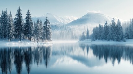 Obraz premium Snowy mountain lake winter reflection serene landscape
