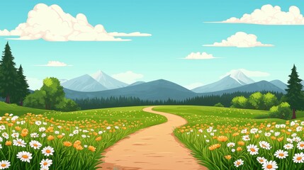 Cartoon illustration of a beautiful landscape with a path through a field of flowers, mountains, and trees under a blue sky with clouds.