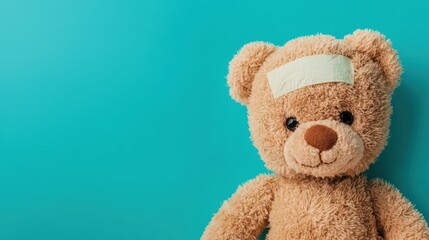 Obraz premium Teddy bear with a bandage on its head against a blue background. Concept of childhood illness, injury, and healthcare.