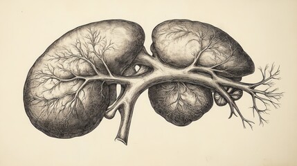 Vintage anatomical illustration of kidneys and renal arteries
