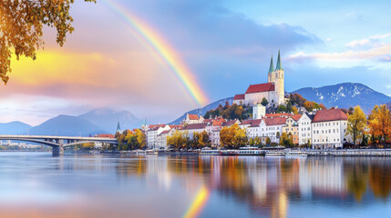 stunning rainbow arches over picturesque town by river, showcasing beautiful architecture and autumn colors