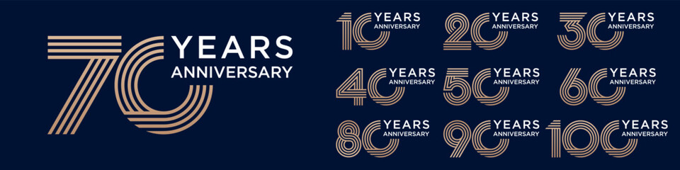 collection anniversary 10 to 100 year logo designs. abstract number for celebration event, wedding, greeting card, and invitation, vector illustration