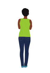 Fototapeta premium Young black woman Standing Back View. African american girl in casual street fashion outfit, dark jeans, green top and flat shoes Rear View vector realistic illustration Isolated 
