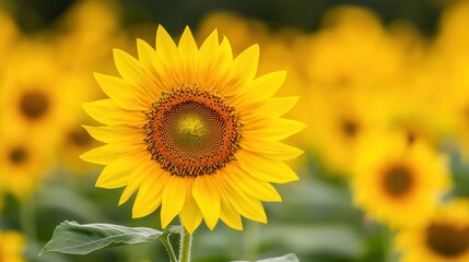 Fototapeta premium Close up of a vibrant sunflower in a field of sunflowers. The bright yellow petals and brown center stand out against the blurred background.