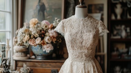 Antique Hand Sewn Wedding Dress Displayed in Charming Setting