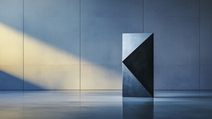 sleek geometric metal structure stands against minimalist wall, casting shadows