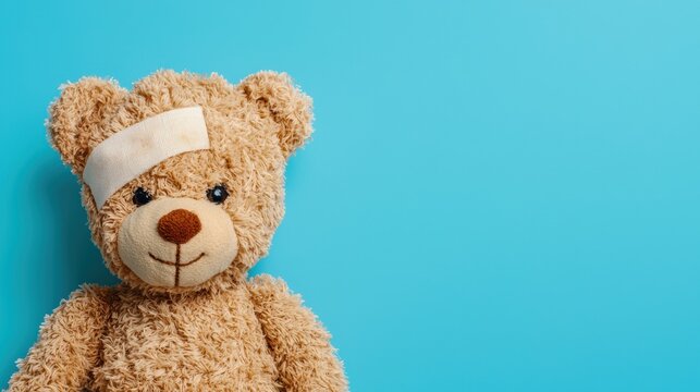 Teddy bear with bandage on head on blue background. Concept of childhood illness, injury, and healthcare.