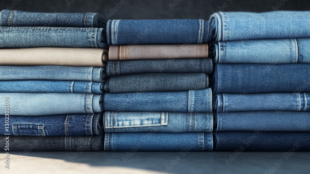 Poster high quality 3d render of different styles of jeans stacked neatly