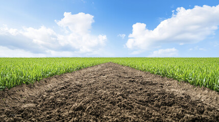 vibrant green field with plowed soil path under bright blue sky, evoking sense of tranquility and nature beauty