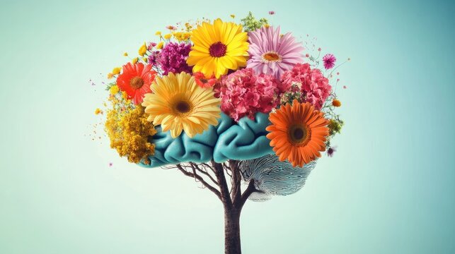 Blooming Mind, A vibrant depiction of the human brain as a tree flourishing with colorful flowers, symbolizing mental growth, creativity, and positive emotions.