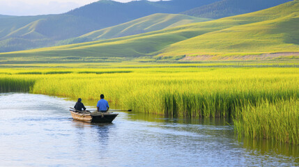 serene landscape featuring two men in boat on calm river surrounded by lush green fields and rolling hills