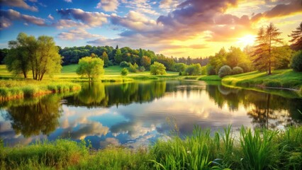 Fototapeta premium Serene landscape with a tranquil meadow and a picturesque lake surrounded by lush greenery, featuring soft focus and warm lighting effects, landscape, meadow