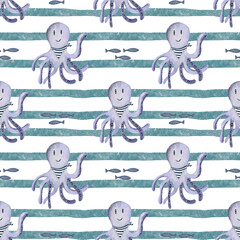 Seamless pattern with watercolor illustrations of cute octopus. Pattern for kids. 