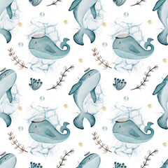 Seamless pattern with watercolor illustrations of whales. Cute whales for kids. 