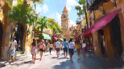 Obraz premium Vibrant Street Scene with Tourists in Colorful Shopping District