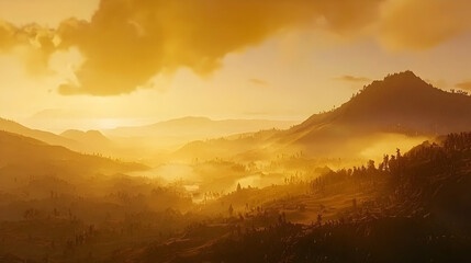Fototapeta premium Golden Sunrise Over Misty Mountain Valley
