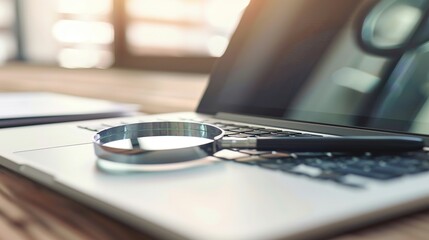 Close-up of laptop screen with search bar and magnifying glass icon, representing online privacy and data security concerns in digital age.