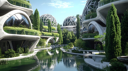 A futuristic cityscape with a large body of water in the center
