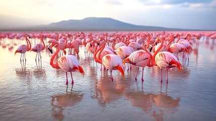 Obraz premium Vibrant group of flamingos standing gracefully in shimmering water under bright sunlight