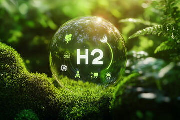 H2 symbol inside a glass sphere on moss, surrounded by green energy icons