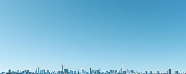 A cityscape rises against a clear blue sky backdrop