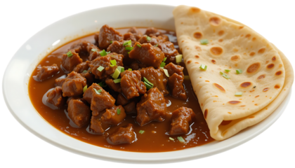 Plate of beef stew and a folded chapati on the side warmth in every bite